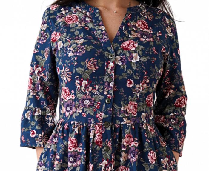 Rochie Din Bumbac – Imprimeu FLORAL Albastru Închis și Roșu, Casual-Elegant [2]