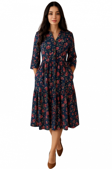 Rochie Din Bumbac – Imprimeu FLORAL Albastru Închis și Roșu, Casual-Elegant [1]