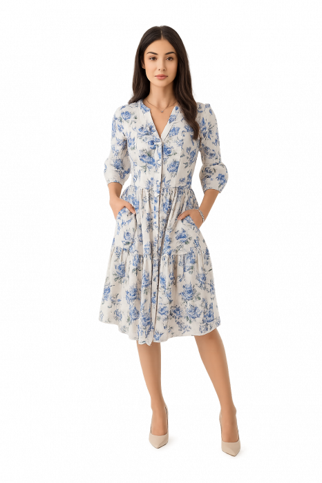 Rochie Din Bumbac – Imprimeu FLORAL Albastru Intens, Boem-Casual [1]