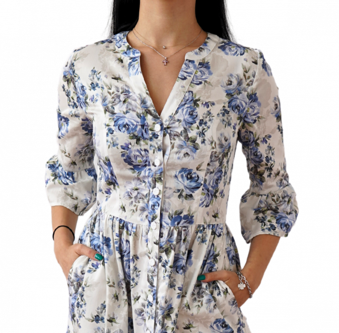 Rochie Din Bumbac – Imprimeu FLORAL Albastru Intens, Boem-Casual [2]