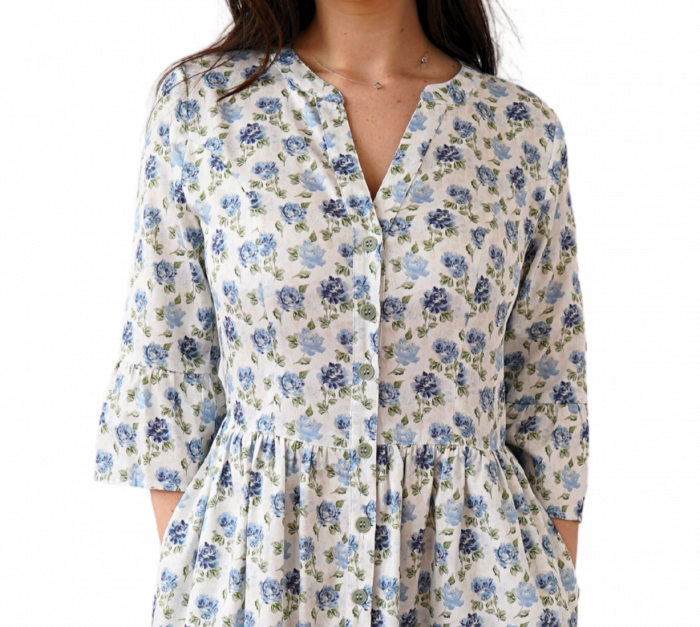 Rochie Din Bumbac – Imprimeu FLORAL Albastru și Alb, Casual-Elegant [2]