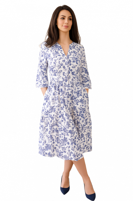 Rochie Din Bumbac – Imprimeu FLORAL Albastru și Alb, Casual-Elegant [1]
