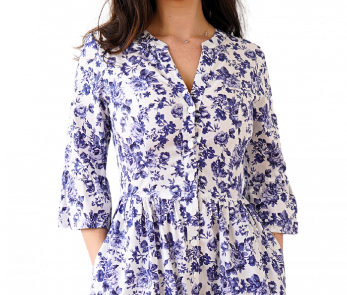Rochie Din Bumbac – Imprimeu FLORAL Albastru și Alb, Casual-Elegant [2]
