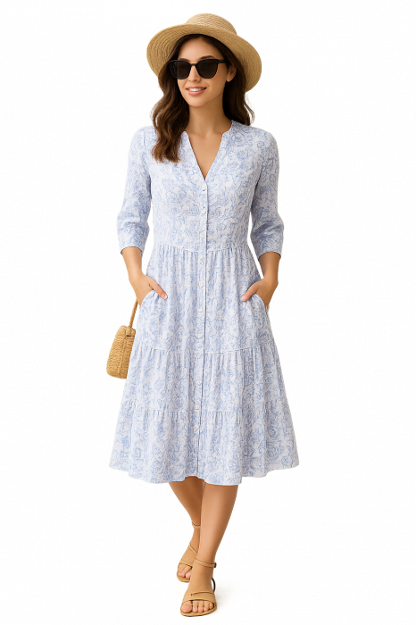 Rochie REDRESS Din Bumbac – Imprimeu FLORAL Albastru și Alb [1]