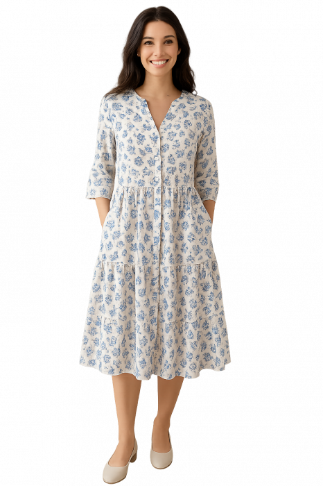 Rochie Din Bumbac – Imprimeu FLORAL Albastru și Alb, Casual-Elegant [1]