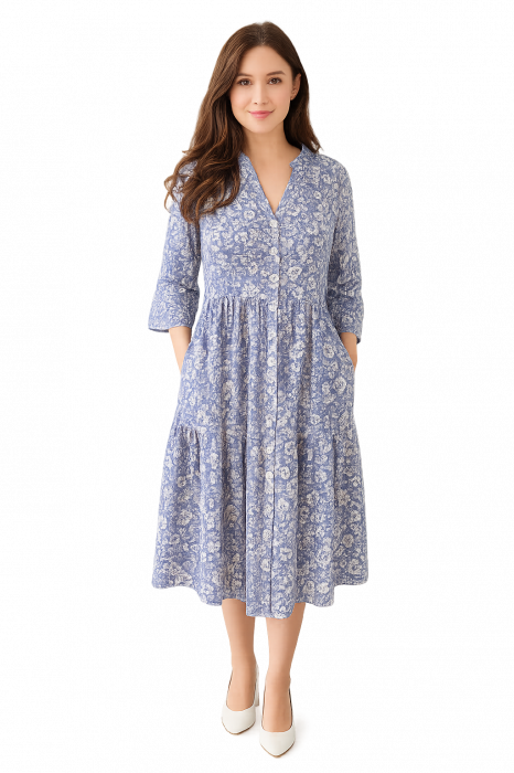 Rochie din Bumbac – Imprimeu FLORAL Albastru și Alb, Casual și Versatil [1]