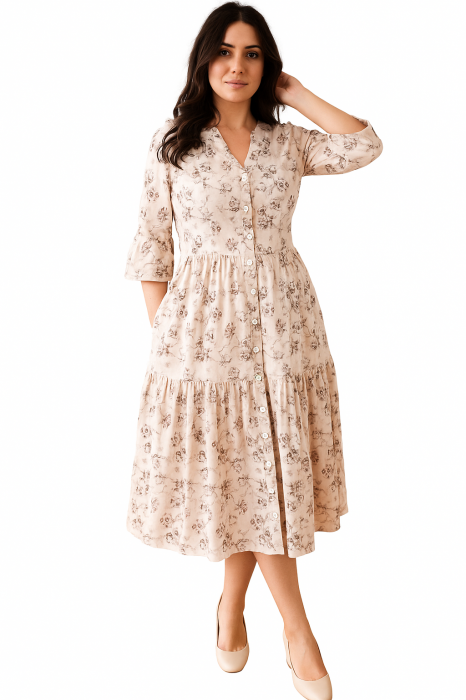 Rochie din Bumbac – Imprimeu FLORAL Crem, Casual și Delicat [1]