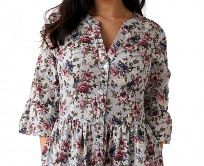 Rochie din Bumbac – Imprimeu FLORAL Gri și Vișiniu, Casual-Elegant [2]
