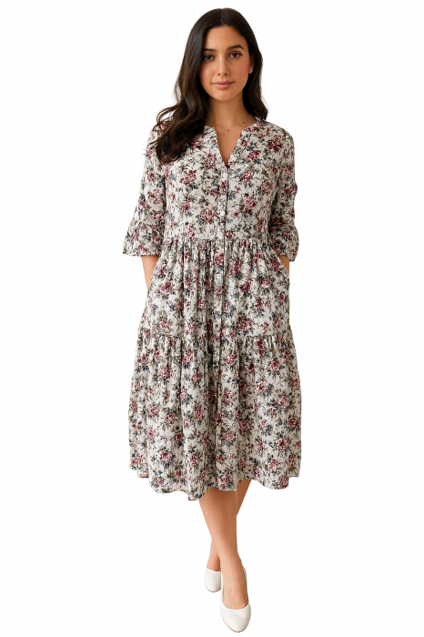 Rochie din Bumbac – Imprimeu FLORAL Gri și Vișiniu, Casual-Elegant [1]