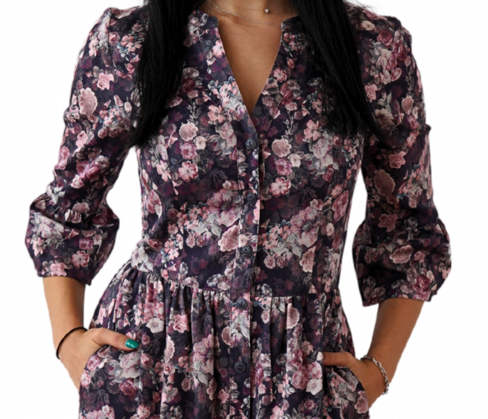 Rochie Din Bumbac – Imprimeu Floral Mov-Vișiniu, Casual-Elegant [2]