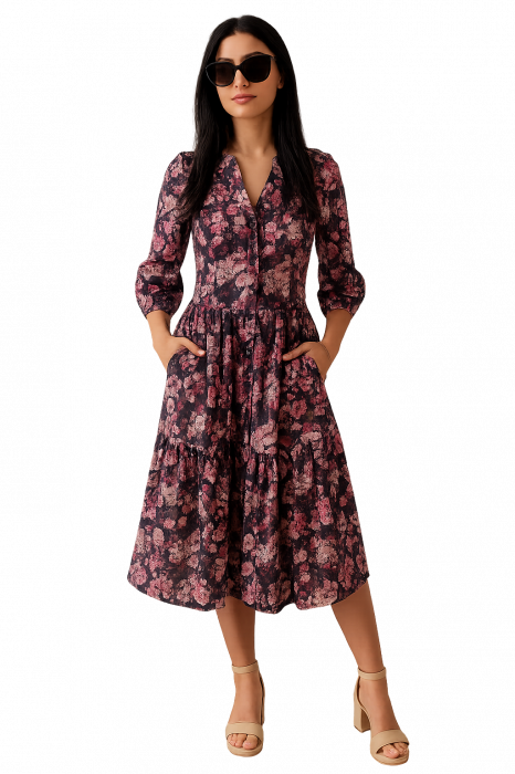 Rochie Din Bumbac – Imprimeu Floral Mov-Vișiniu, Casual-Elegant [1]