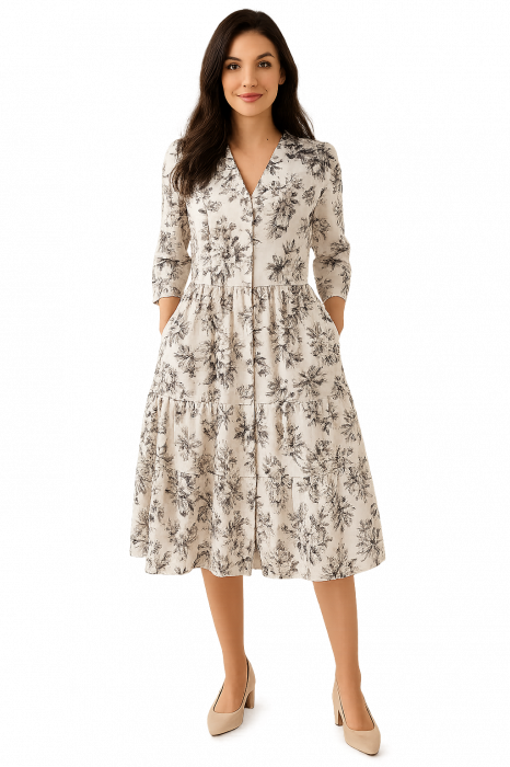 Rochie Din Bumbac – Imprimeu FLORAL Negru și Gri, Eleganță Clasică [1]