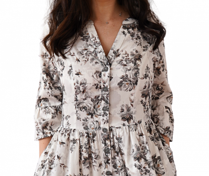 Rochie Din Bumbac – Imprimeu FLORAL Negru și Gri, Eleganță Clasică [2]