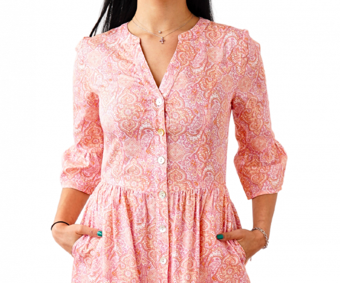 Rochie din Bumbac – Imprimeu FLORAL Roz și Alb, Casual și Delicată [2]