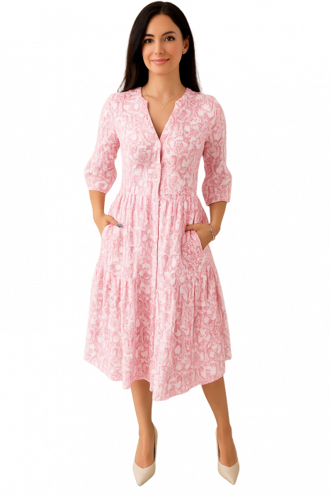 Rochie din Bumbac – Imprimeu FLORAL Roz și Alb, Feminin și Delicat [1]