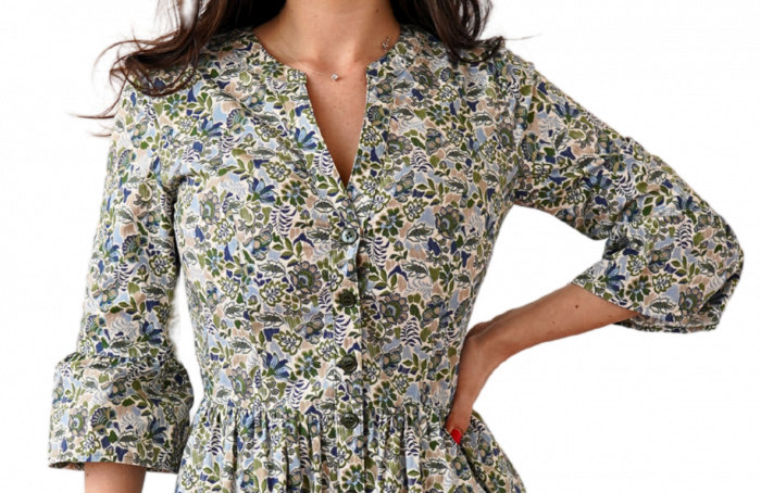 Rochie din Bumbac – Imprimeu FLORAL Verde și Albastru, Casual-Relaxat [2]