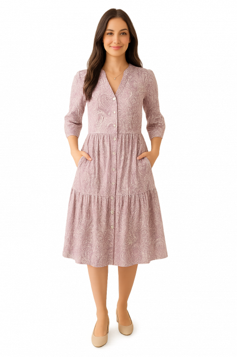 Rochie din Bumbac – Imprimeu PAISLEY Lila și Roz, Elegant și Rafinat [1]