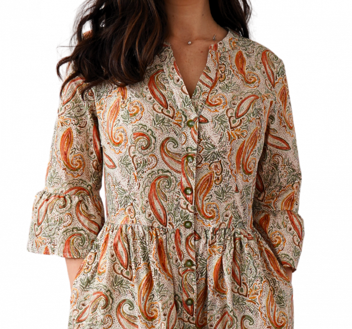 Rochie din Bumbac – Imprimeu PAISLEY Verde și Portocaliu, BOHO Casual-Elegant [2]