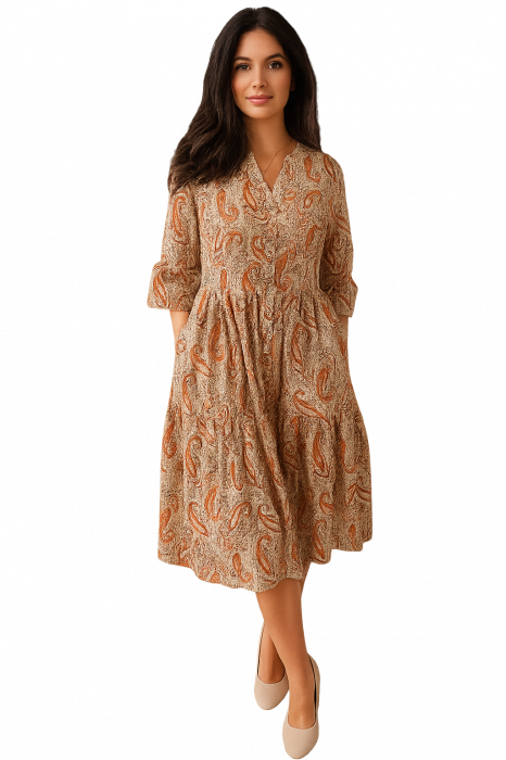 Rochie din Bumbac – Imprimeu PAISLEY Verde și Portocaliu, BOHO Casual-Elegant [1]