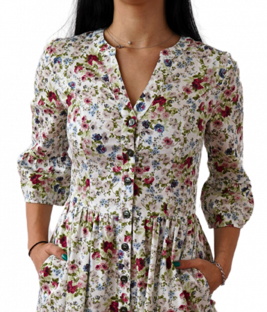 Rochie Din Bumbac – Imprimeu FLORAL Alb și Multicolor, Casual-Elegant [1]