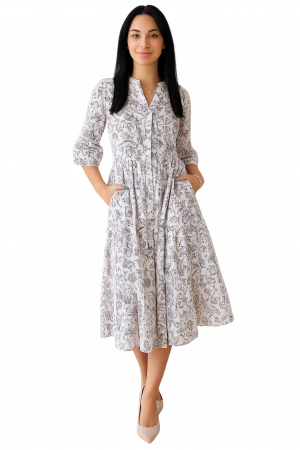 ROCHII REDRESS - Rochie Din Bumbac – Imprimeu FLORAL Alb și Negru, Casual-Elegant