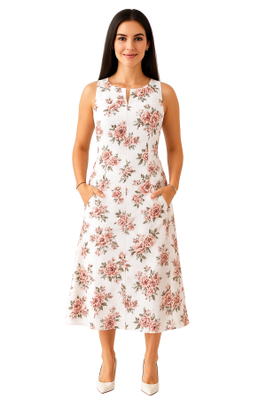 REDRESS SLEEVELESS - Rochie Din Bumbac – Imprimeu FLOARL Alb și Roz, Casual-Elegant