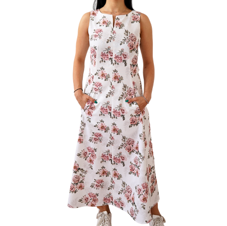 Rochie Din Bumbac – Imprimeu FLOARL Alb și Roz, Casual-Elegant [1]