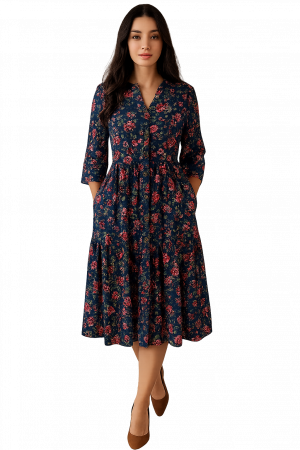 ROCHII REDRESS - Rochie Din Bumbac – Imprimeu FLORAL Albastru Închis și Roșu, Casual-Elegant