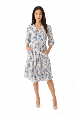 ROCHII REDRESS - Rochie Din Bumbac – Imprimeu FLORAL Albastru Intens, Boem-Casual