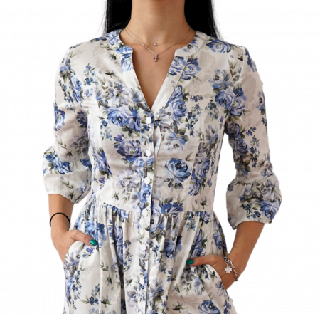Rochie Din Bumbac – Imprimeu FLORAL Albastru Intens, Boem-Casual [1]