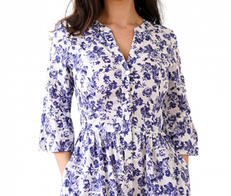Rochie Din Bumbac – Imprimeu FLORAL Albastru și Alb, Casual-Elegant [1]