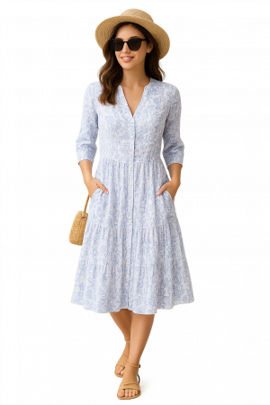 ROCHII REDRESS - Rochie REDRESS Din Bumbac – Imprimeu FLORAL Albastru și Alb