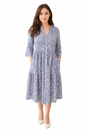 ROCHII REDRESS - Rochie din Bumbac – Imprimeu FLORAL Albastru și Alb, Casual și Versatil