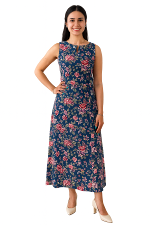 REDRESS SLEEVELESS - Rochie Din Bumbac – Imprimeu FLORAL Albastru și Roz, Casual-Elegant