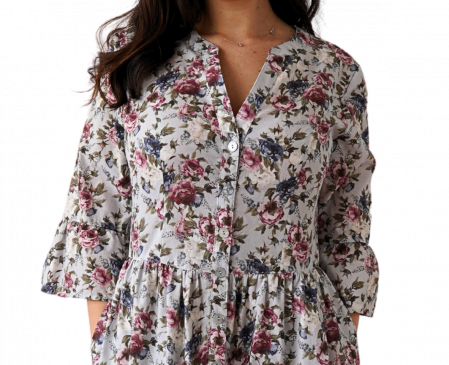 Rochie din Bumbac – Imprimeu FLORAL Gri și Vișiniu, Casual-Elegant [1]
