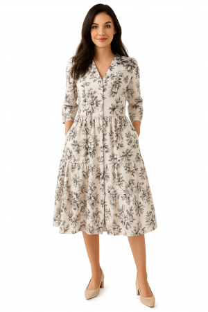 ROCHII REDRESS - Rochie Din Bumbac – Imprimeu FLORAL Negru și Gri, Eleganță Clasică