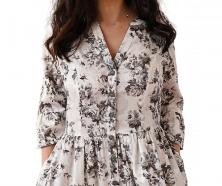 Rochie Din Bumbac – Imprimeu FLORAL Negru și Gri, Eleganță Clasică [1]