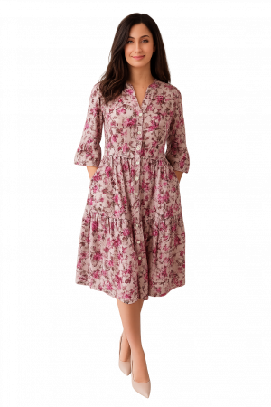 BLACK FRIDAY REDRESS - Rochie Din Bumbac – Imprimeu FLORAL Roz, Casual-Elegant