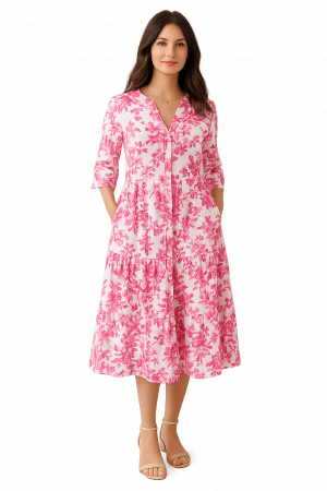 ROCHII REDRESS - Rochie Din Bumbac – Imprimeu FLORAL Roz și Alb, Casual-Elegant