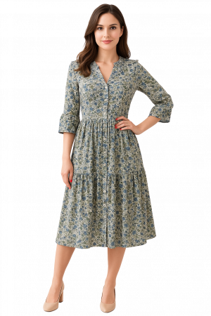 BLACK FRIDAY REDRESS - Rochie din Bumbac – Imprimeu FLORAL Verde și Albastru, Casual-Relaxat