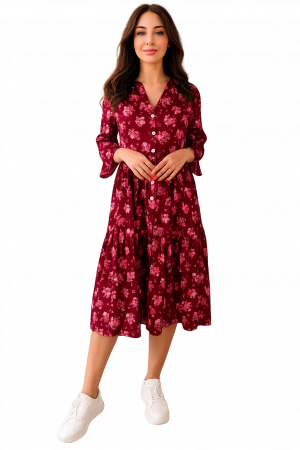 ROCHII REDRESS - Rochie din Bumbac – Imprimeu FLORAL Vișiniu și Roz, Casual-Vintage