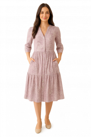 BLACK FRIDAY REDRESS - Rochie din Bumbac – Imprimeu PAISLEY Lila și Roz, Elegant și Rafinat