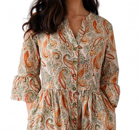 Rochie din Bumbac – Imprimeu PAISLEY Verde și Portocaliu, BOHO Casual-Elegant [1]