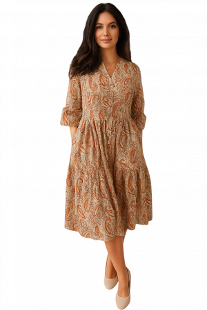 BLACK FRIDAY REDRESS - Rochie din Bumbac – Imprimeu PAISLEY Verde și Portocaliu, BOHO Casual-Elegant