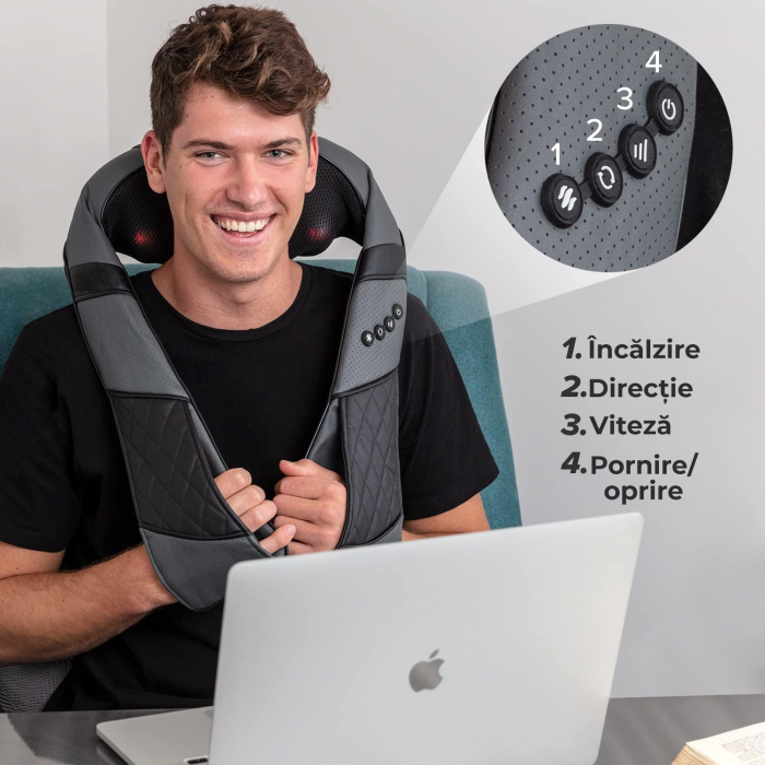 Aparat de masaj profesional pentru spate, gat, umeri, picioare si abdomen, masaj terapeutic, tratarea durerilor musculare cu 8 bile rotative, 3 viteze, 2 directii, Set cu geanta portabila, Gri si Negr [2]