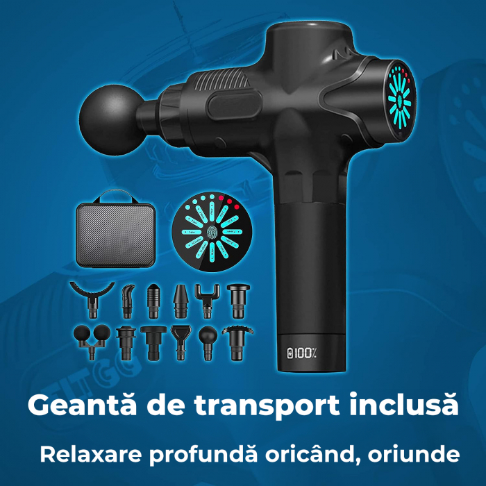 Aparat pentru masaj profesional, tip pistol, anticelulitic, relaxare pentru corp, silentios cu doar 40dB, ecran LCD, timp de operare pana la 15h, cu 12 capete pentru orice grupa musculara, Set, Negru, [5]