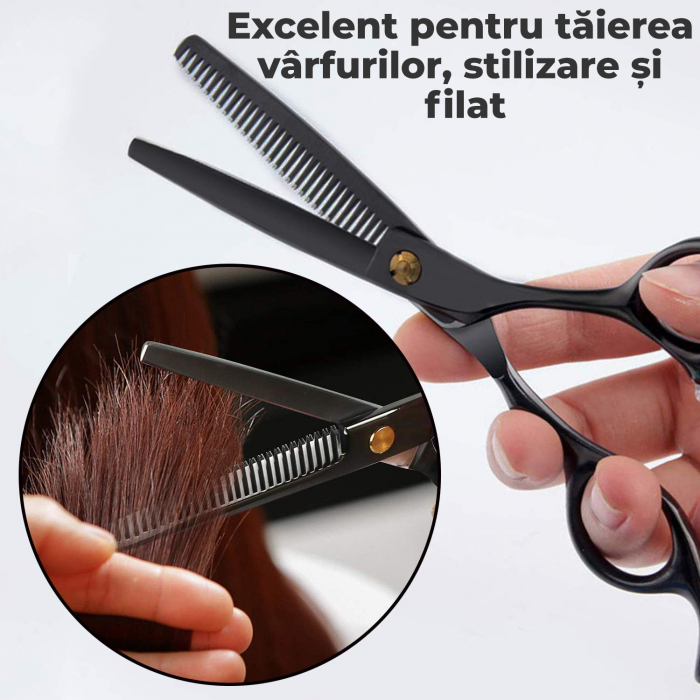 Foarfece profesionale de tuns si filat Set de 11 piese, Negru si Auriu [6]