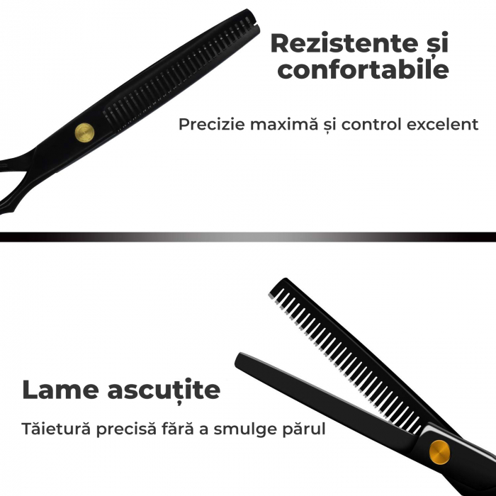 Foarfece profesionale de tuns si filat Set de 11 piese, Negru si Auriu [5]