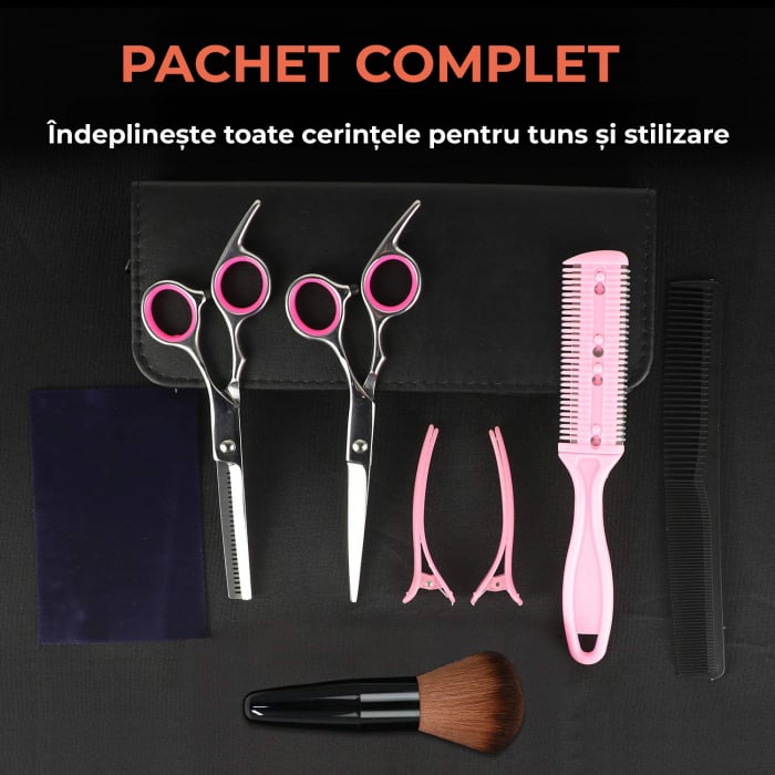 Foarfece profesionale de tuns si filat Set de 9 piese, Argintiu si Roz [2]