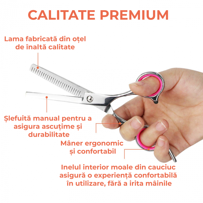 Foarfece profesionale de tuns si filat Set de 9 piese, Argintiu si Roz [4]